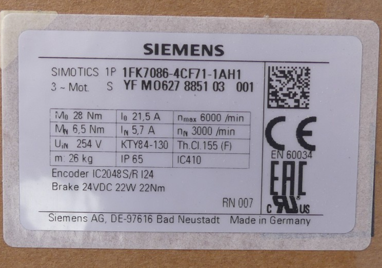 Siemens Simotics 1FK7086-4CF71-1AH1 Servomotor