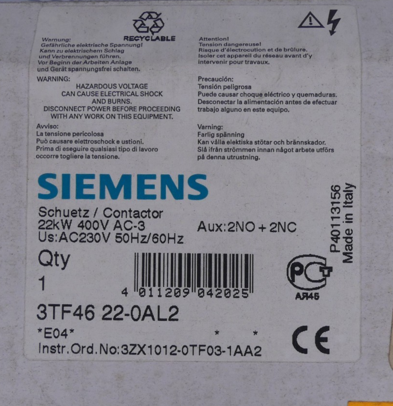 Siemens 3TF4622-0AL2 Schütz