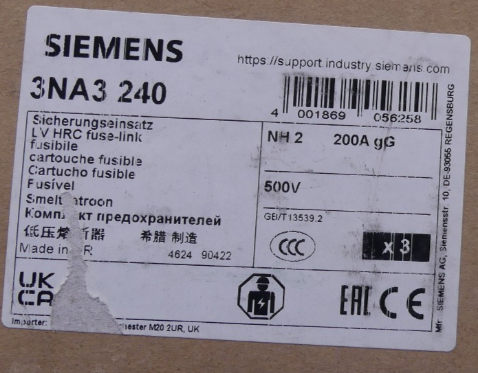 Siemens 3NA3 240 Sicherungseinsatz 3x