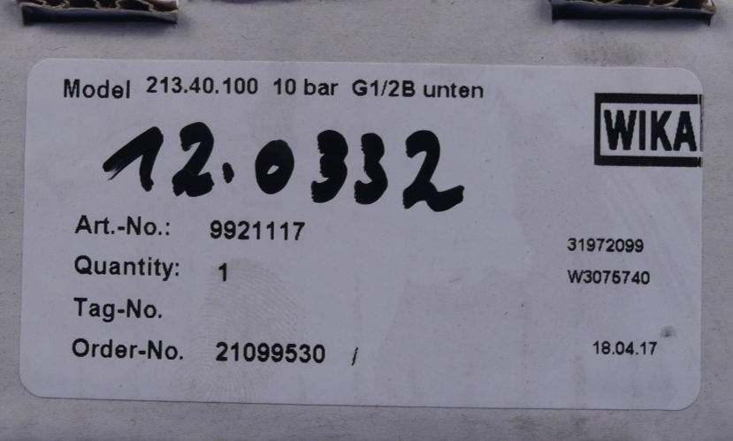 WIKA 213.40.100 10bar G1/2B radial Manometer 9921117 Glyzerin