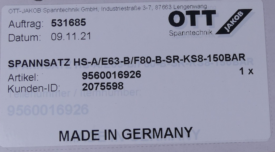 OTT Jakob HS-A/E63-B/F80-B-SR-KS8-150BAR Spannsatz 9560016926