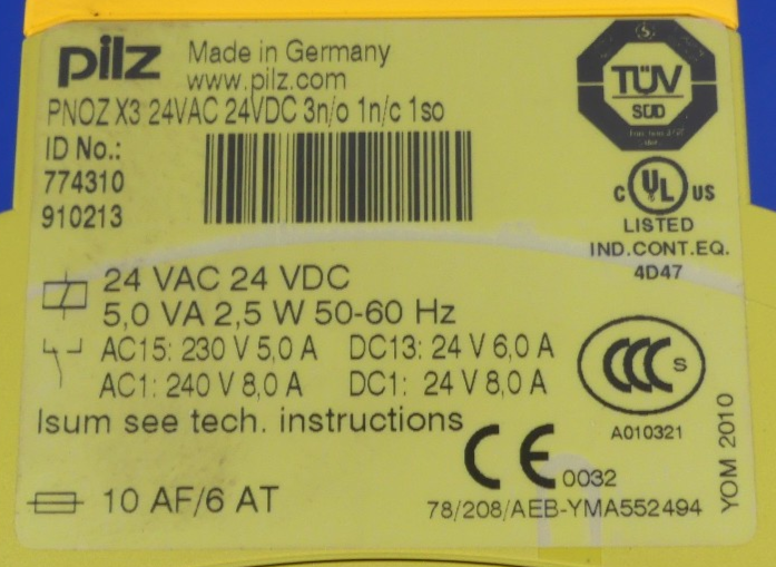 Pilz PNOZ X3 24VAC/24VDC3n/o 1n/c so 774310910213