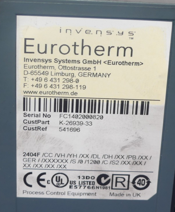 EUROTHERM 2404F/CC/VH/YH/XX/DL/DH/XX/PB/XX/GER XXXXXX/S/0/1200/C/S2/XX/XX/XX/XX