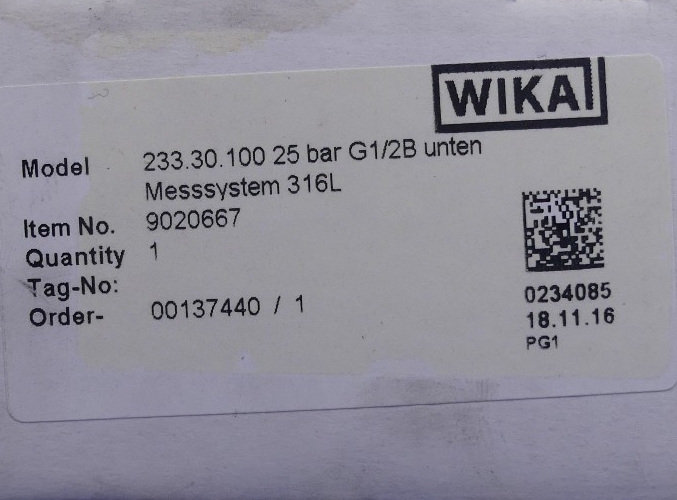 Wika 233.30.100 25bar G1/2B radial 9020667 Manometer mit Glyzerin