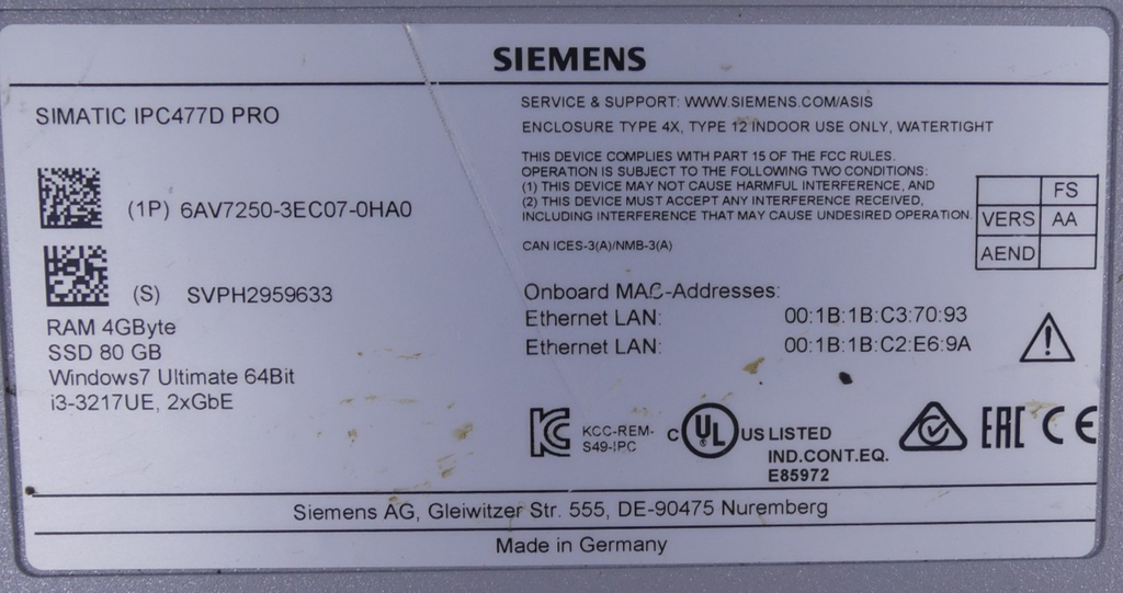 SIEMENS SIMATIC IPC477D PRO 6AV7250-3EC04-0HA0