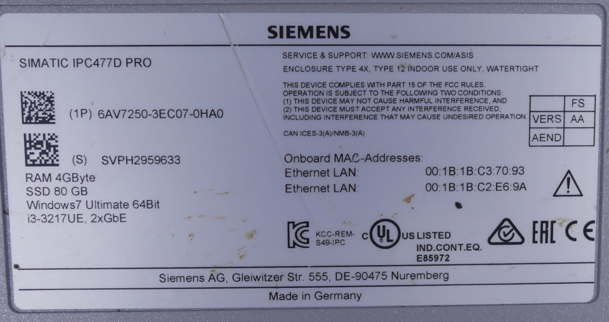 SIEMENS SIMATIC IPC477D PRO 6AV7250-3EC04-0HA0