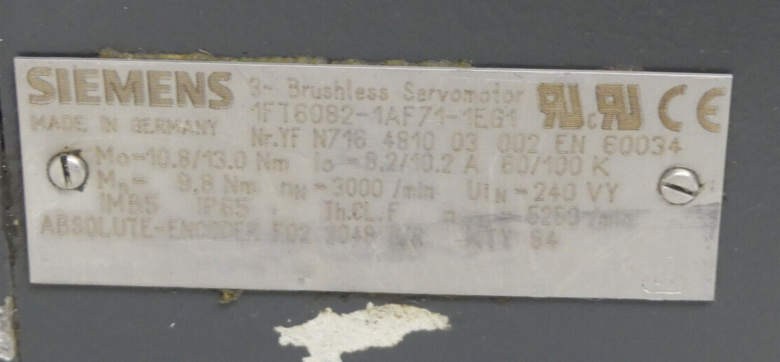 SIEMENS 3~Servomotor  1FT6082-1AF71-1EG1 Used