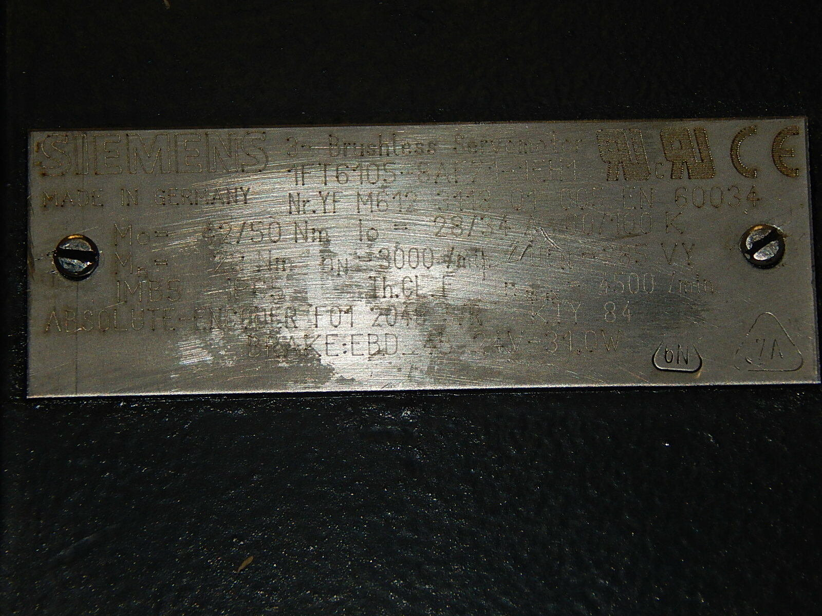 SIEMENS 3~BRUSHLESS-SERVOMOTOR   1FT6105 -8AF71 -1EH1 Used