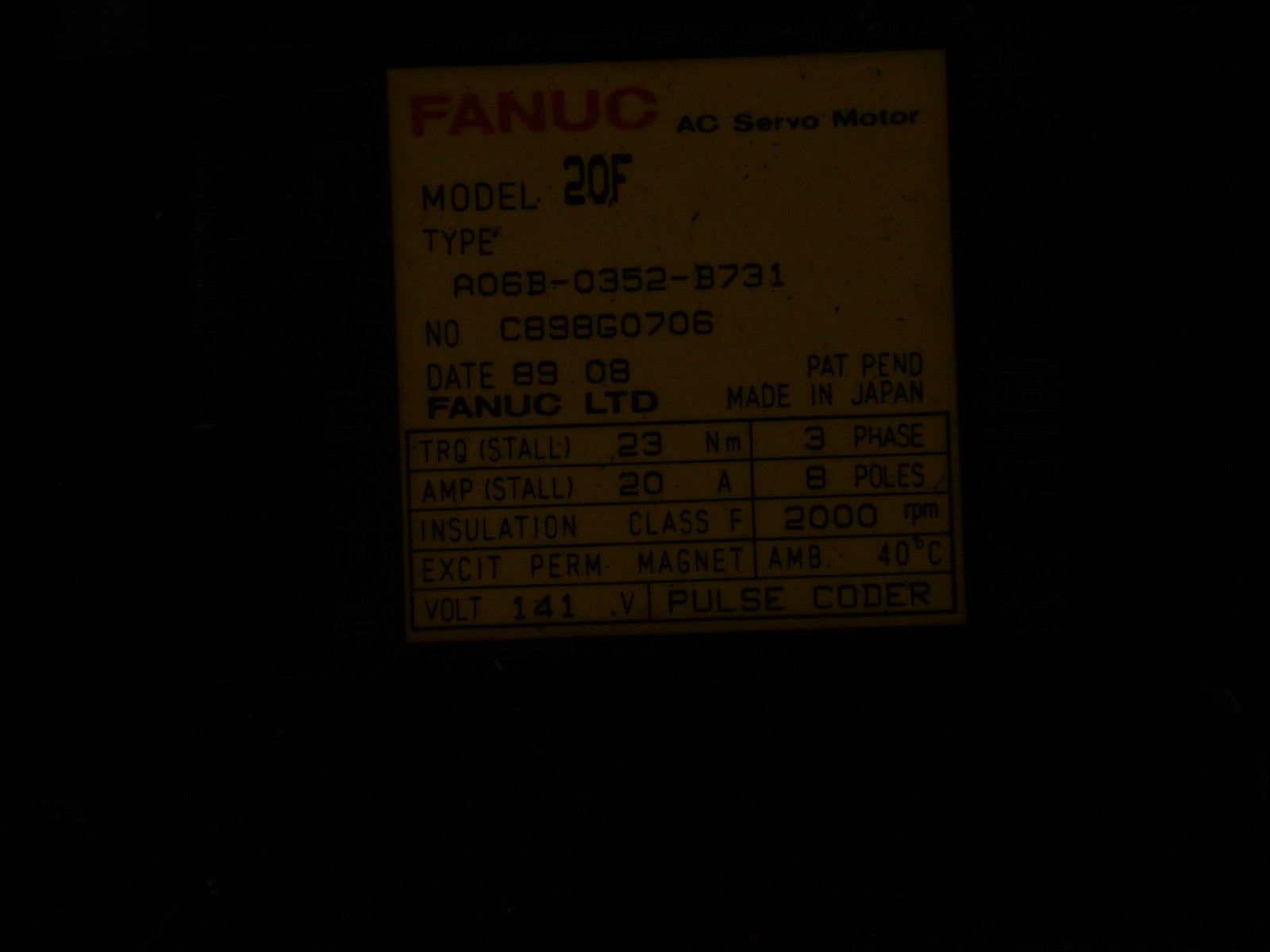 Fanuc A06B-0352-B731 AC Servo Motor  Used