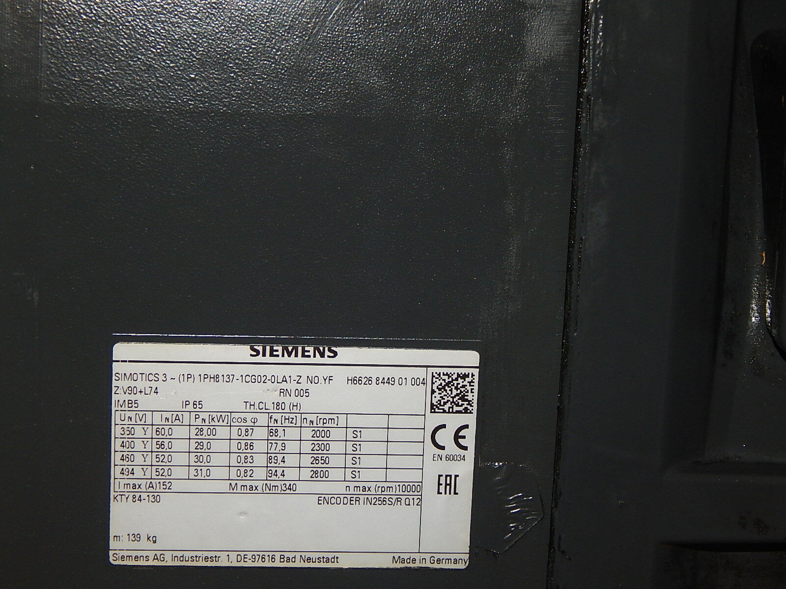  Siemens Simotics 3~ 1PH8137-1CG02-0LA1-Z  No.YF  Asynchron Motor used