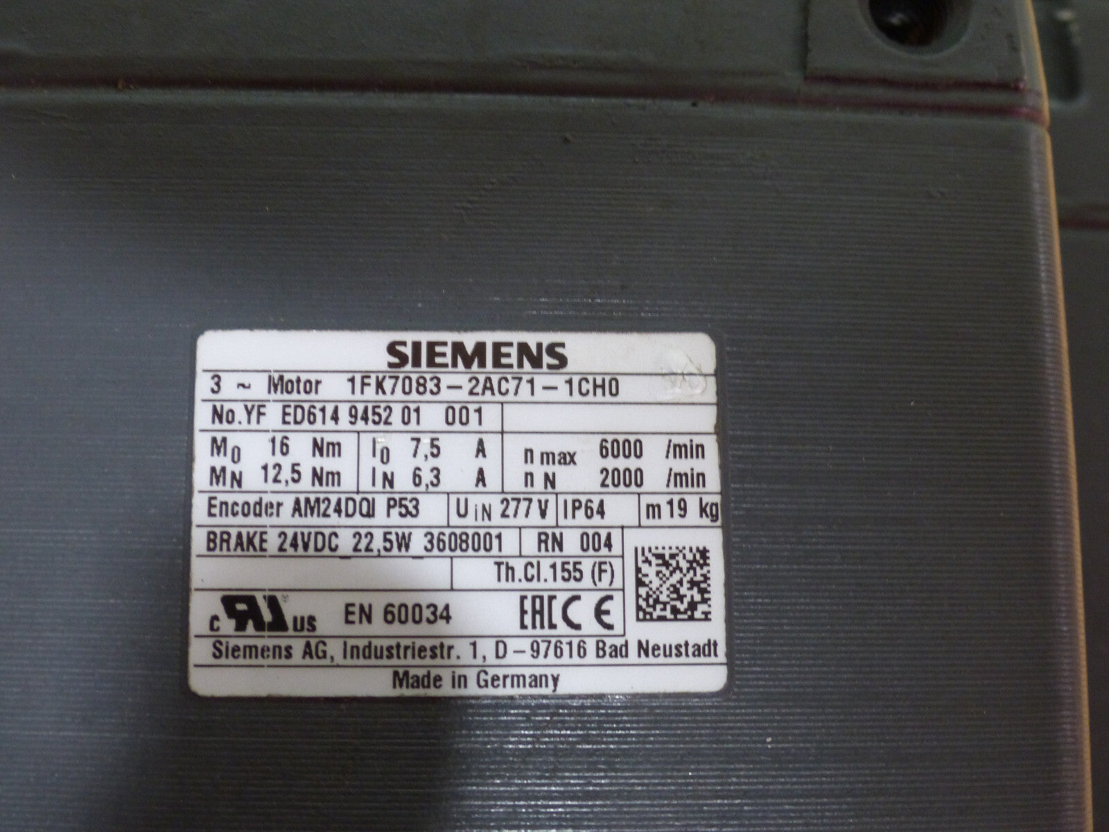 siemens 1fk7083-2ac71-1ch0  1fk70832ac711ch0 used
