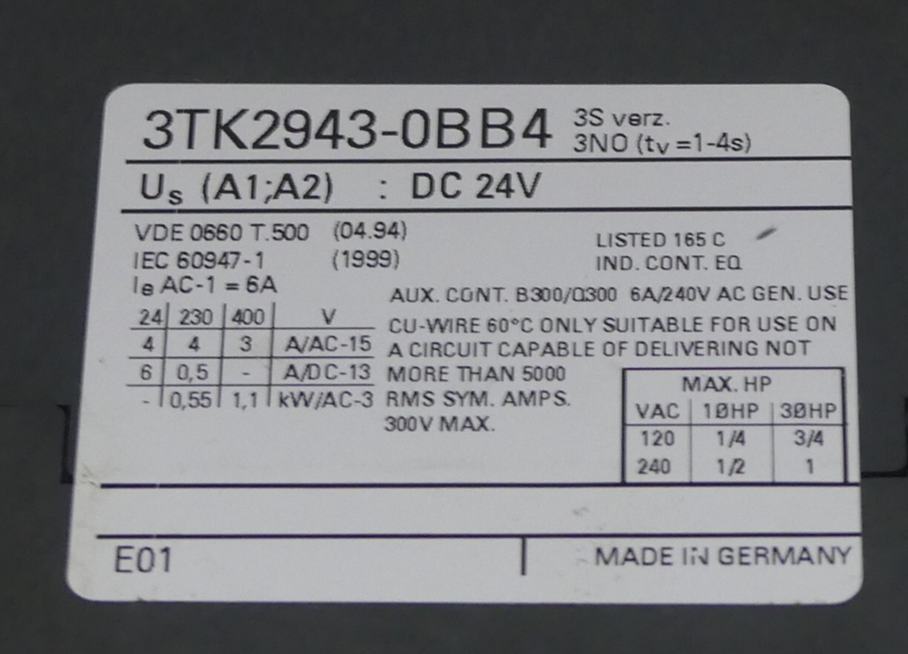 Siemens Sicherheitsschütz 3TK2943-0BB4  used