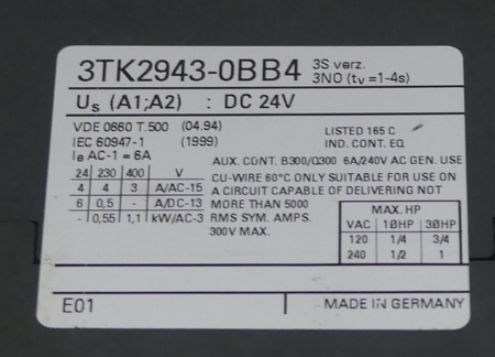 Siemens Sicherheitsschütz 3TK2943-0BB4  used