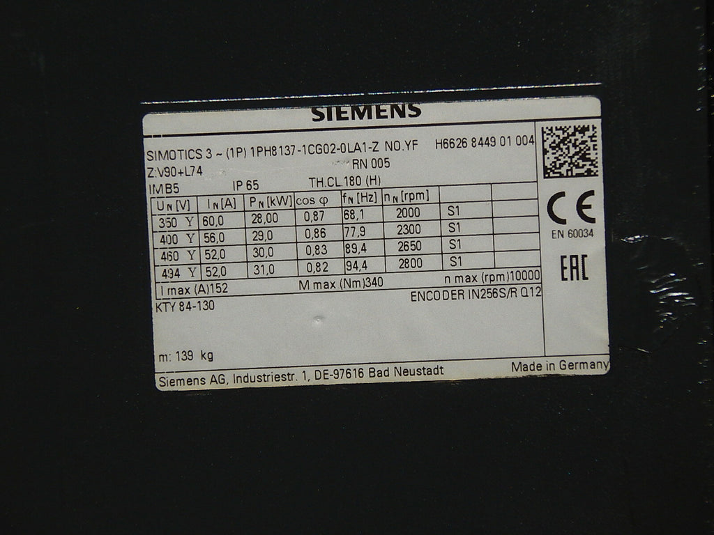  Siemens Simotics 3~ 1PH8137-1CG02-0LA1-Z  No.YF  Asynchron Motor used