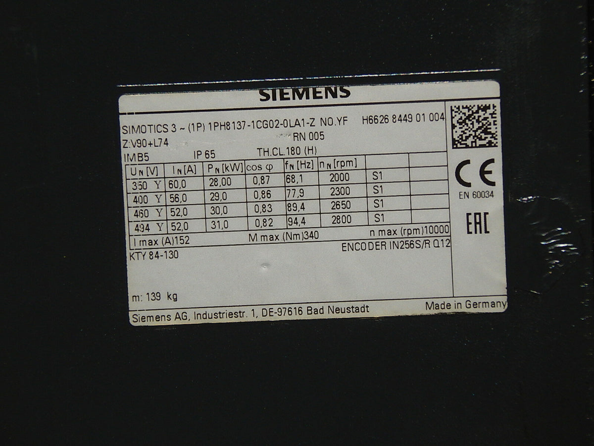  Siemens Simotics 3~ 1PH8137-1CG02-0LA1-Z  No.YF  Asynchron Motor used