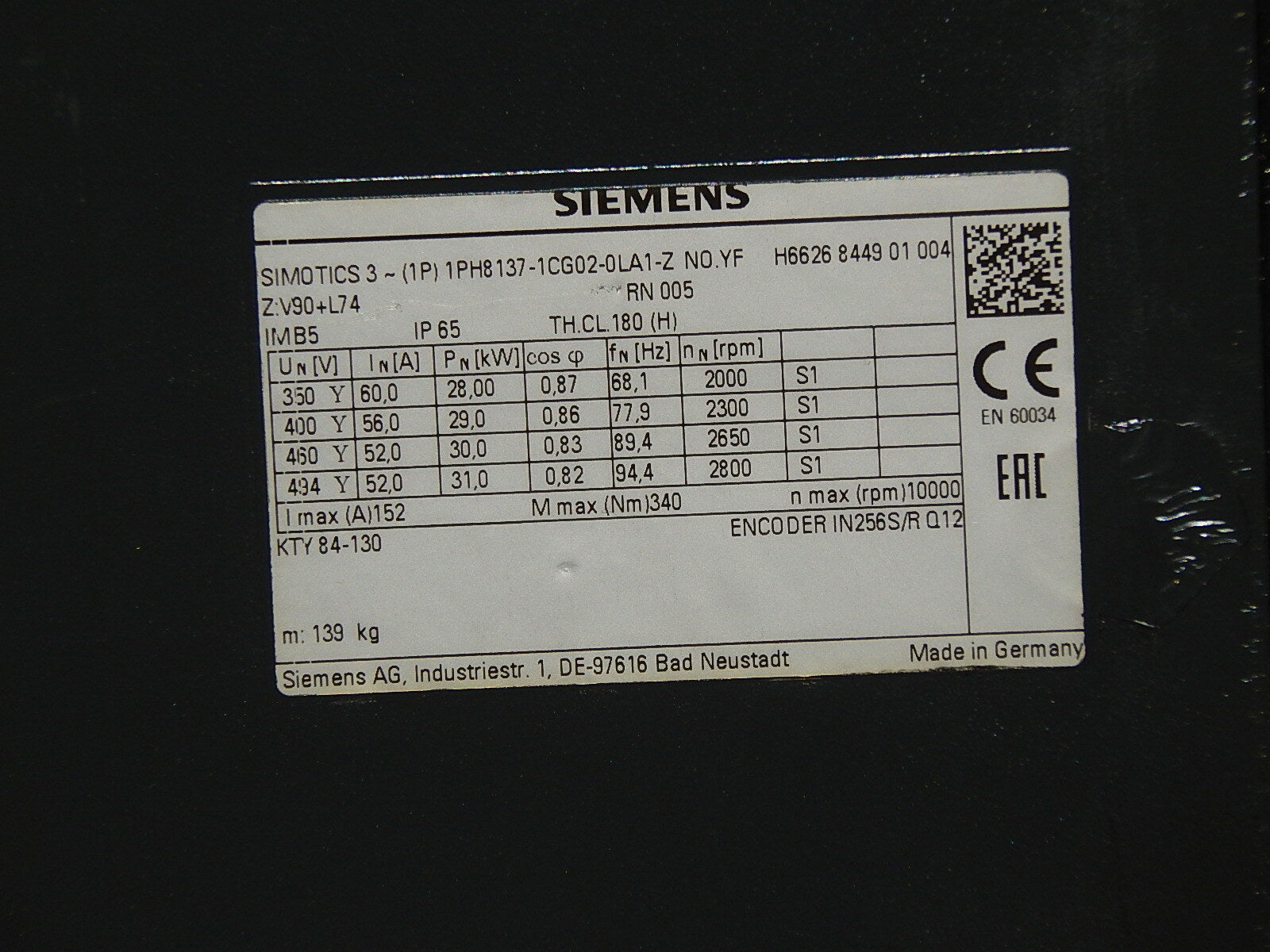  Siemens Simotics 3~ 1PH8137-1CG02-0LA1-Z  No.YF  Asynchron Motor used