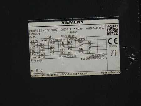  Siemens Simotics 3~ 1PH8137-1CG02-0LA1-Z  No.YF  Asynchron Motor used