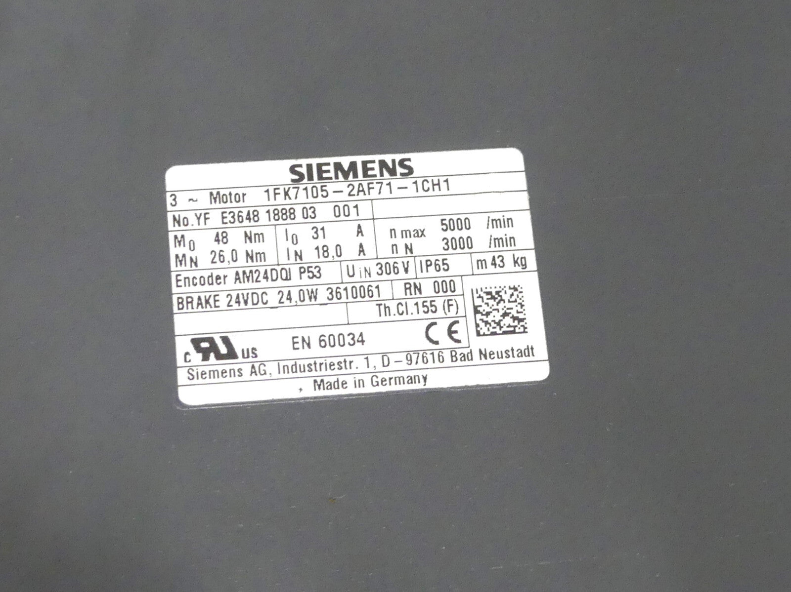 SIEMENS SERVOMOTOR 1FK7105-2AF71-1CH1