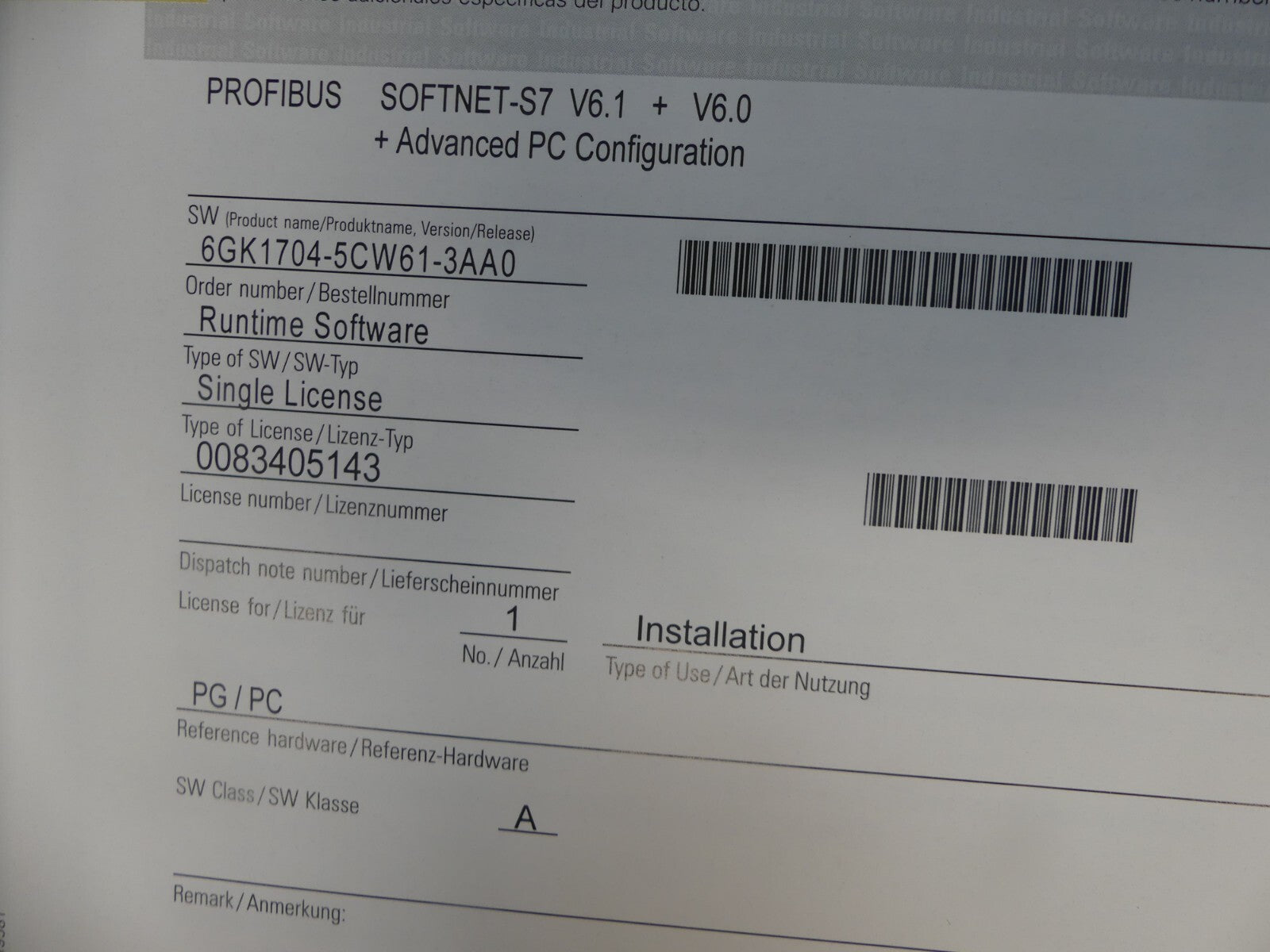 SIEMENS 6GK1704-5CW61-3AA0 Runtime Software + 6GK1704-0AA07-3AA0