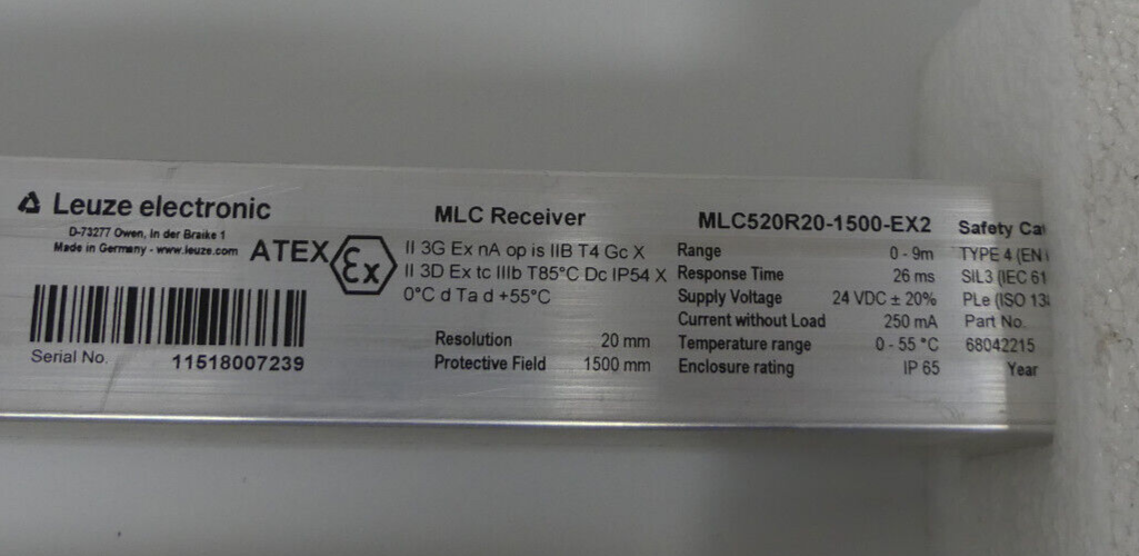 LEUZE MLC Transmitter  MLC500T20-1500-EX2 / MLC Receiver MLC520R20-1500-EX2