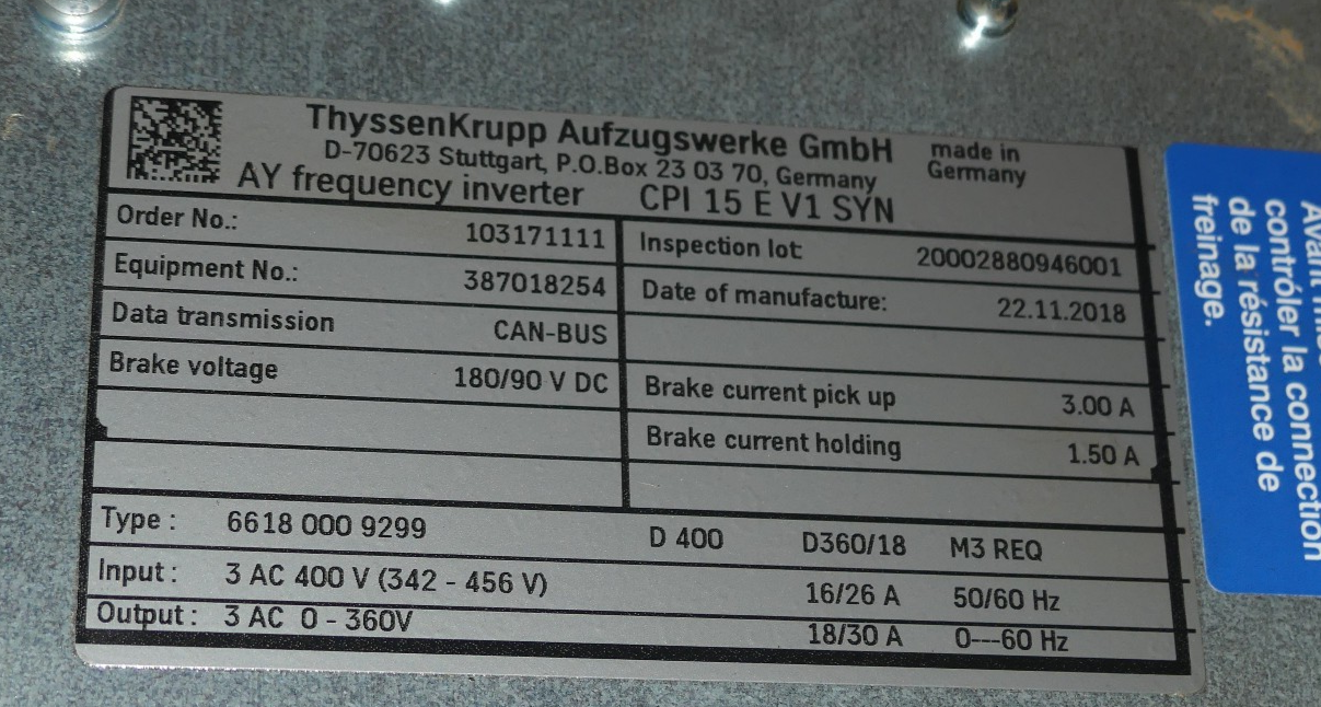 THYSSENKRUPP AY FREQUENCY INVERTER  CPI 15 E V1 SYN CPI15EV1SYN