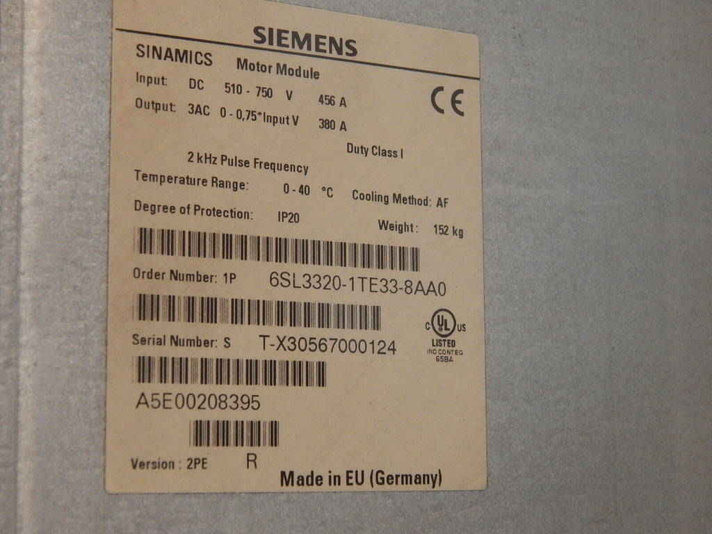 Siemens  Sinamics Single Motor Module 6SL3320-1TE33-8AA0 used