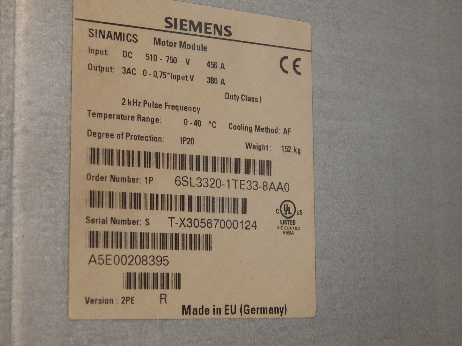  Siemens  Sinamics Single Motor Module 6SL3320-1TE33-8AA0 used