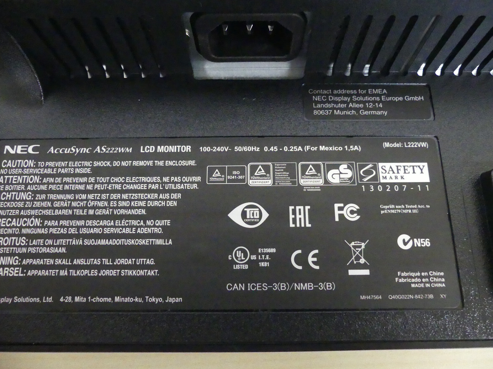 NEC ACCUSYNC AS222WM LCD Monitor L222VW