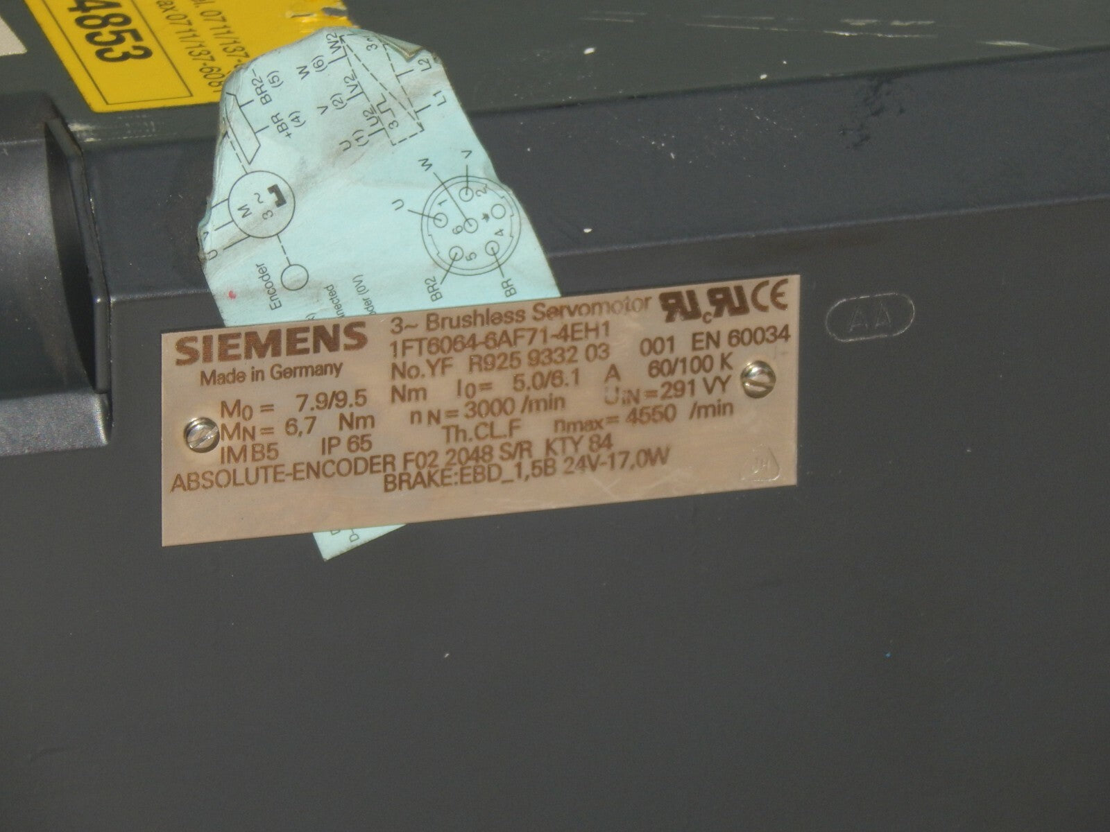  Siemens 3~ Brushless Servomotor  1FT6064-6AF71-4EH1