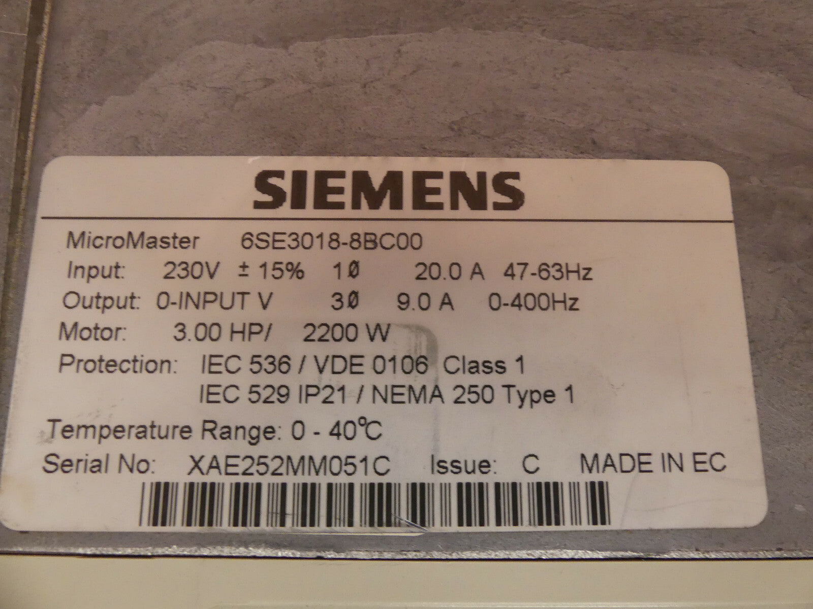 Siemens Micromaster 6SE3018-8BC00