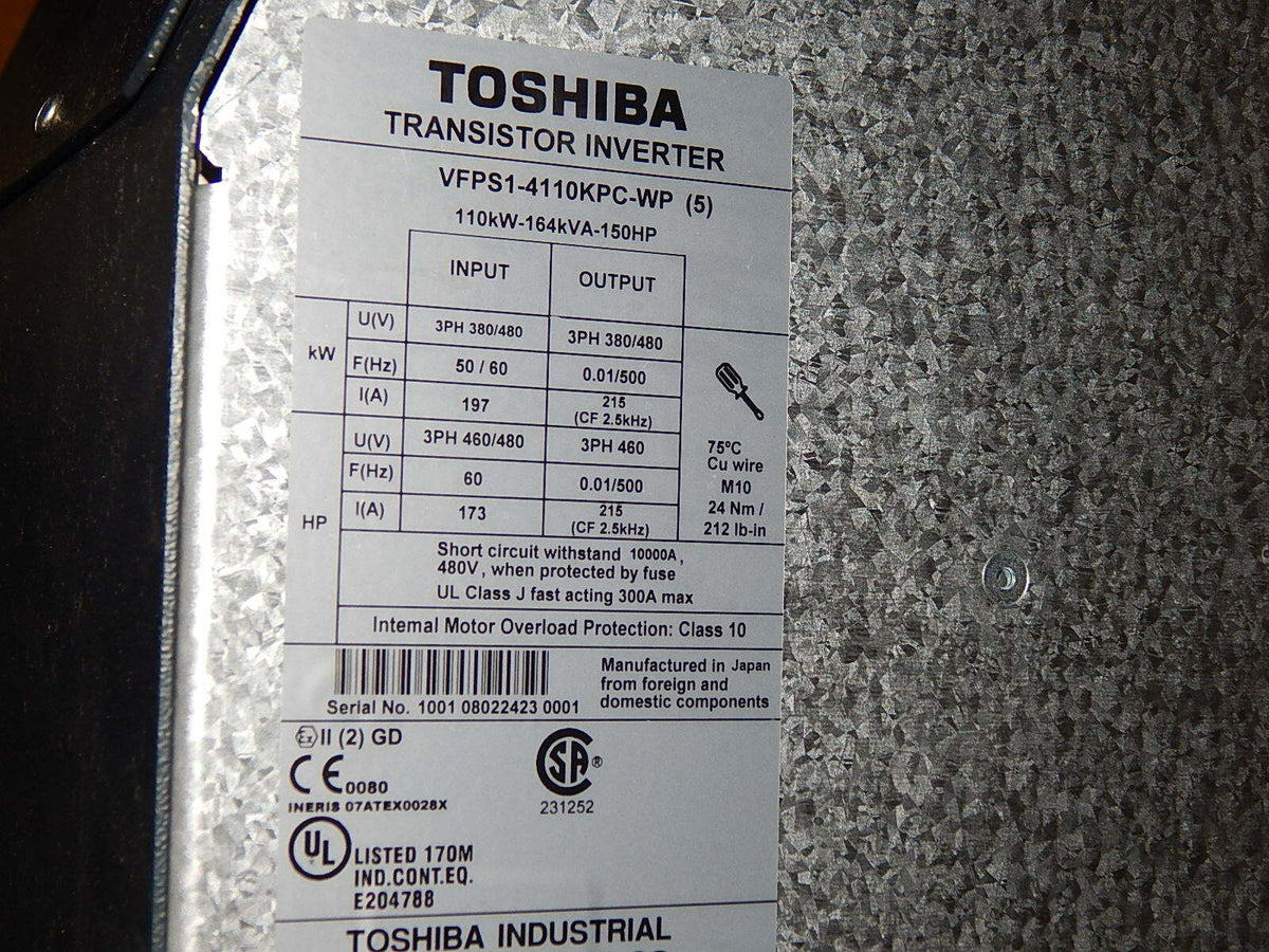TOSHIBA Transistor Inverter VFPS1-4110KPC-WP (5) 110KW-164KVA-150HP Used