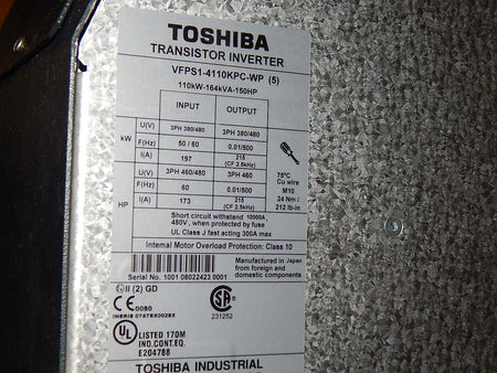 TOSHIBA Transistor Inverter VFPS1-4110KPC-WP (5) 110KW-164KVA-150HP Used