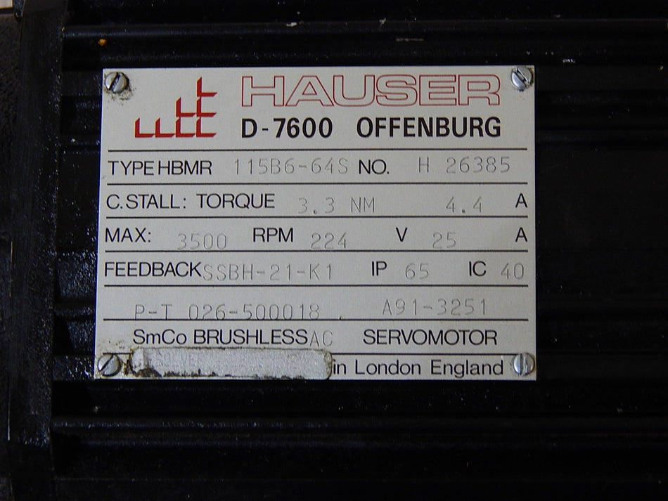 Hauser Brushless Servomotor HBMR 115B6-64S No. H 26385 Used