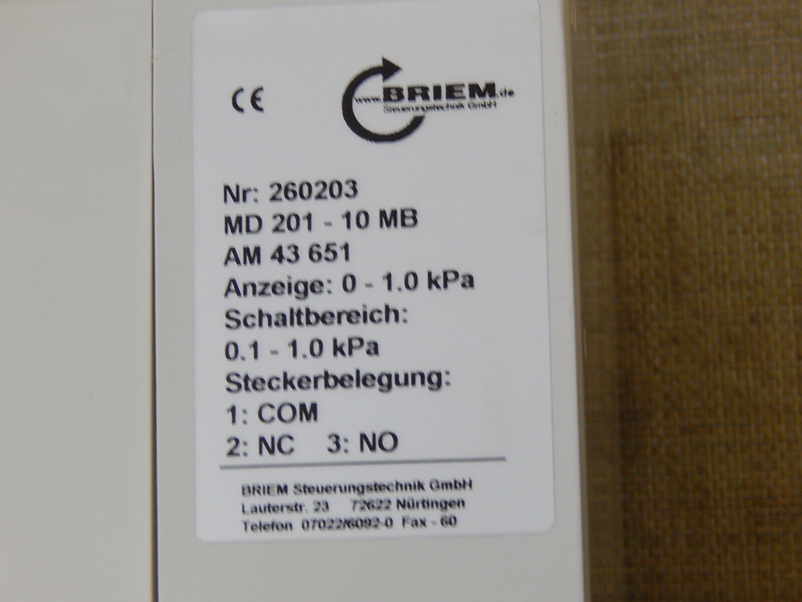 Briem Differenzdruckmessgerät  MD 201 - 10 MB Schaltbereich 0,1 - 1,0 kPa