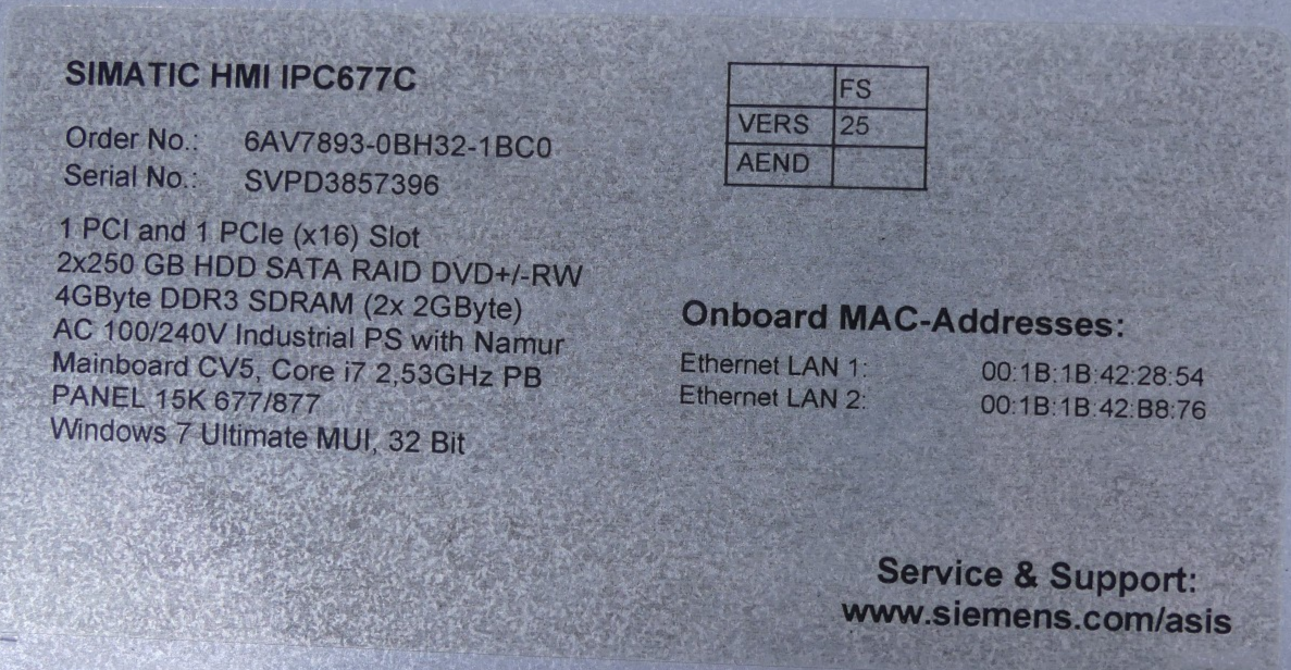 Siemens Simatic HMI IPC677C 6AV 7893-0BH32-1BC0   6AV7893-0BH32-1BC0