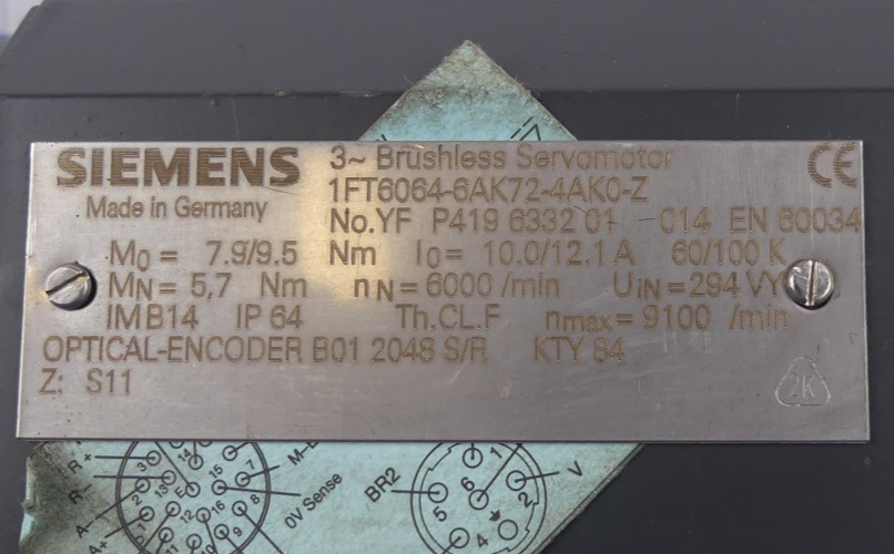Siemens 3~ Brushless Servomotor 1FT6064-6AF72-4AK0-Z