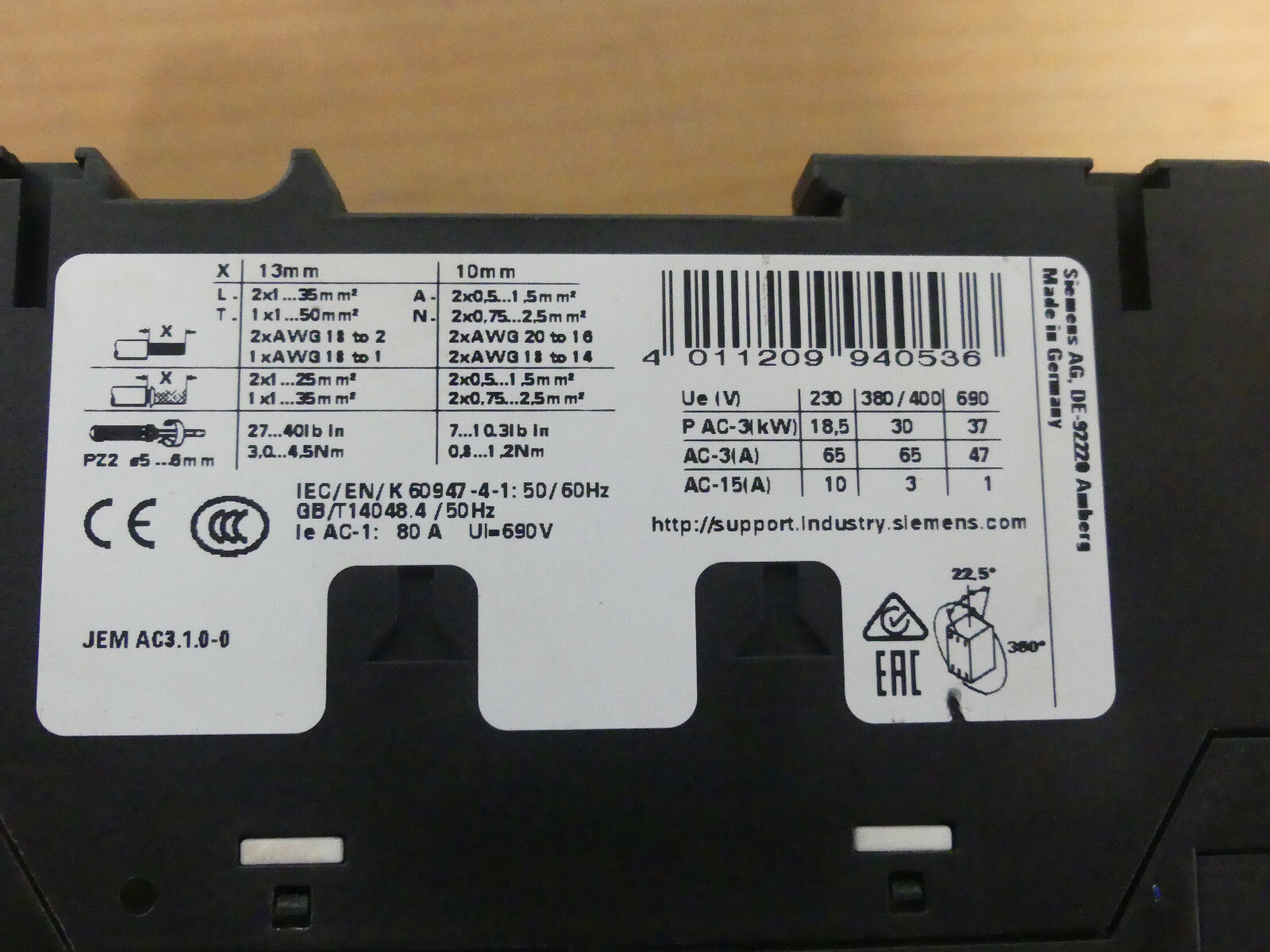 Siemens SIRIUS Leistungsschütz 3RT2037-1AP00