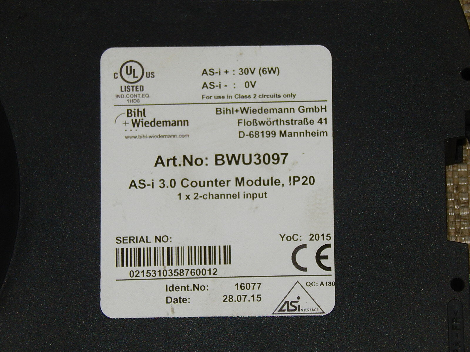 Bihl+Wiedmann BWU3097 AS-i 3.0 Counter Module,IP20 used