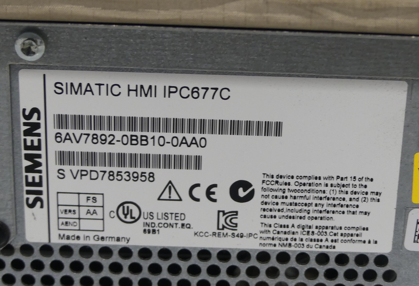 Siemens 6AV7892-0BB10-0AA0 SIMATIC HMI IPC677C