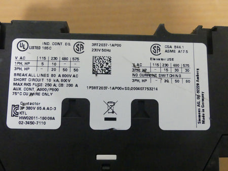 Siemens SIRIUS Leistungsschütz 3RT2037-1AP00