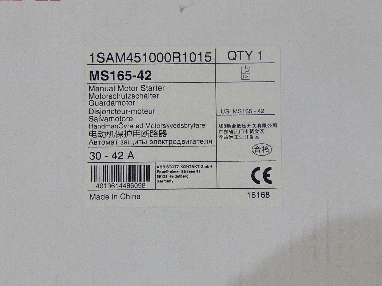 ABB MS165-42 Manual Motor Starter 30-42A 25kA