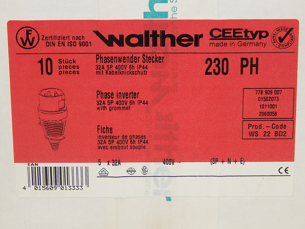 10x Walther Phasenwender Stecker 32 A 5P 400 V 6 h IP44// WS 22 BD2 OVP