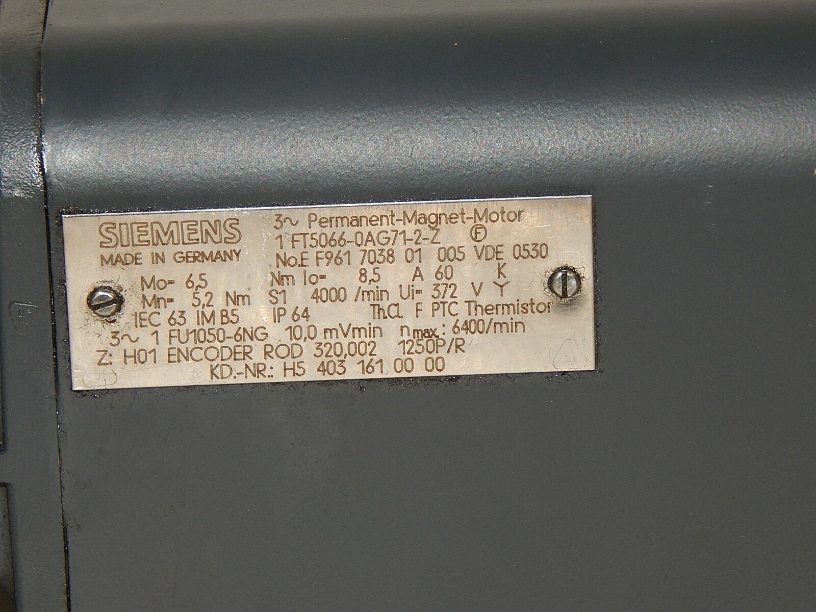  Siemens 3~Permanent Magnet Motor  1FT5066-0AG71-2-Z used