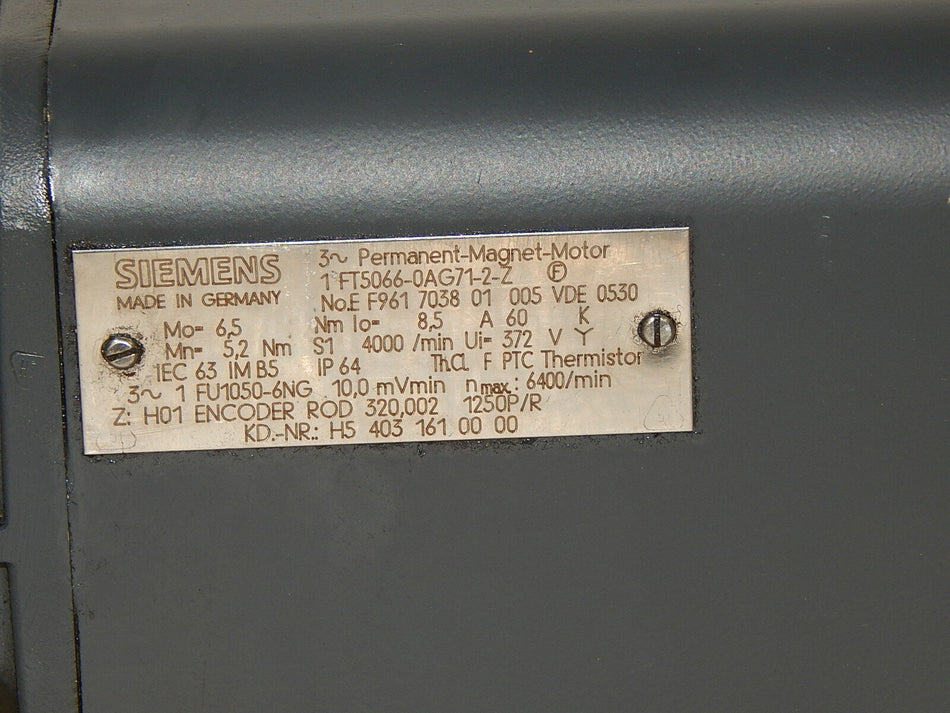  Siemens 3~Permanent Magnet Motor  1FT5066-0AG71-2-Z used