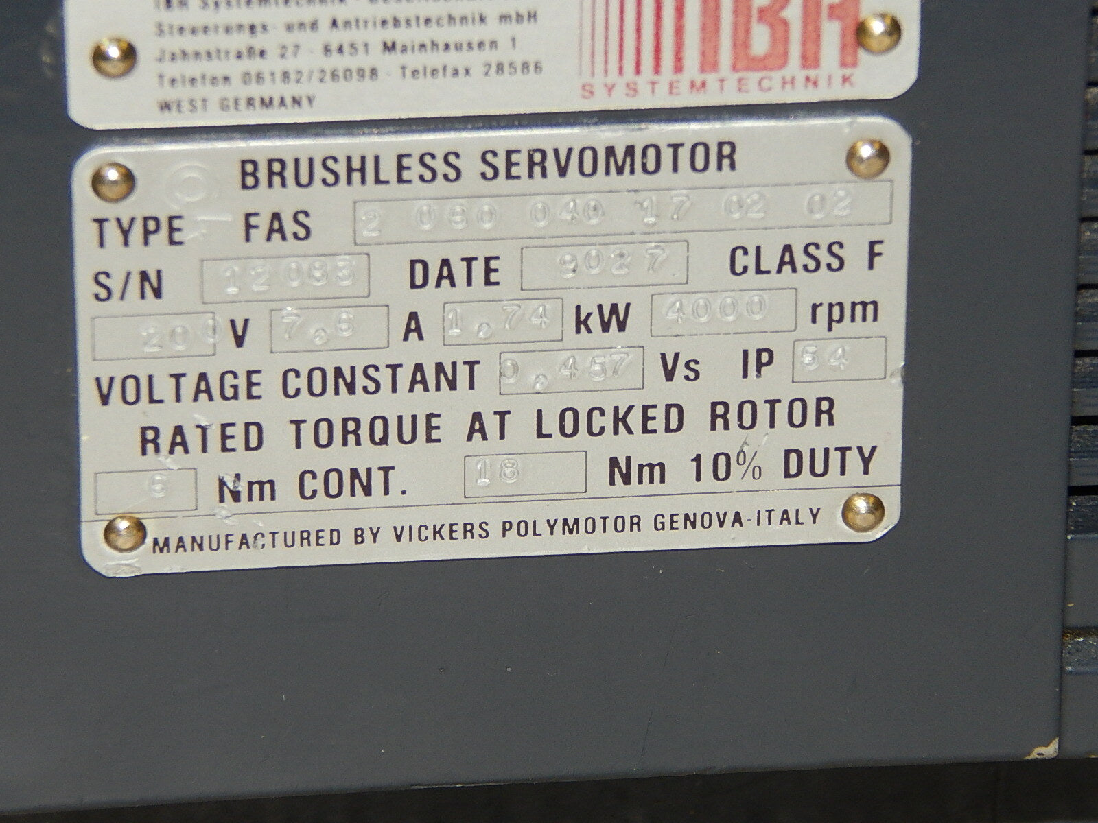 SERVOMOTOR FAS 2 060 040 17 02 02 // FAS2060040170202TACT VICKERS Used