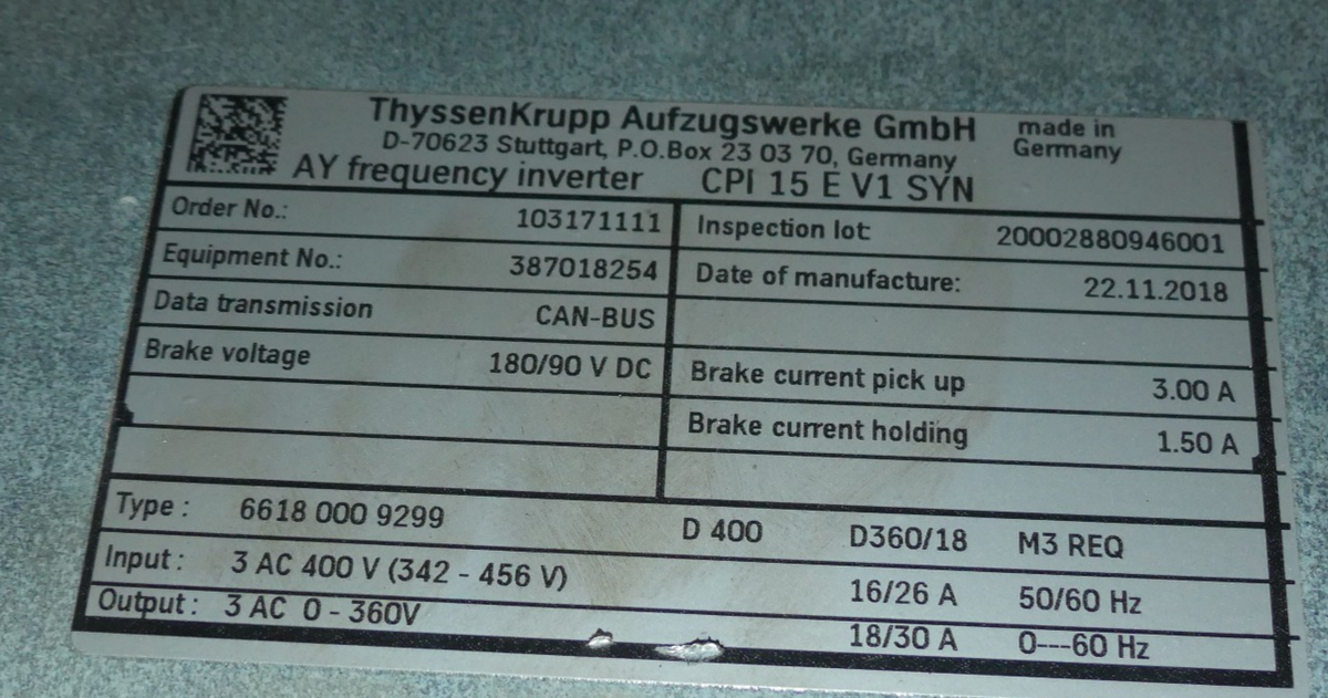 THYSSENKRUPP AY FREQUENCY INVERTER  CPI 15 E V1 SYN CPI15EV1SYN