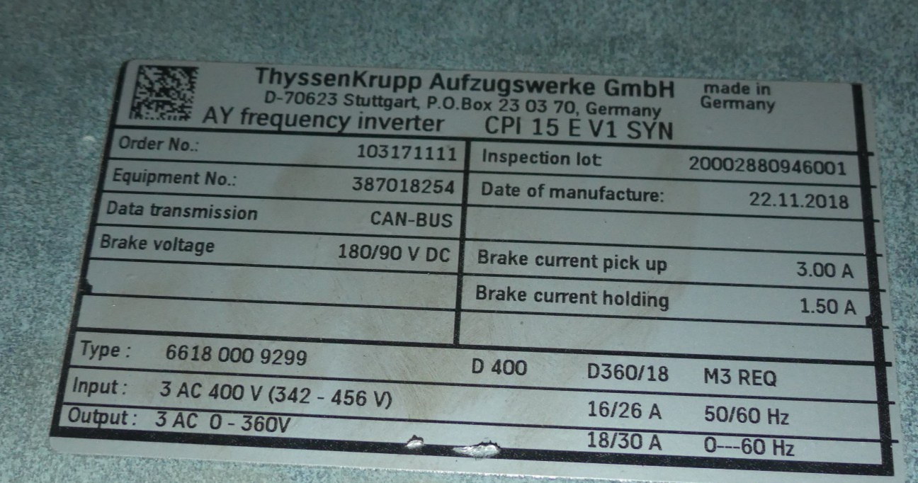 THYSSENKRUPP AY FREQUENCY INVERTER  CPI 15 E V1 SYN CPI15EV1SYN