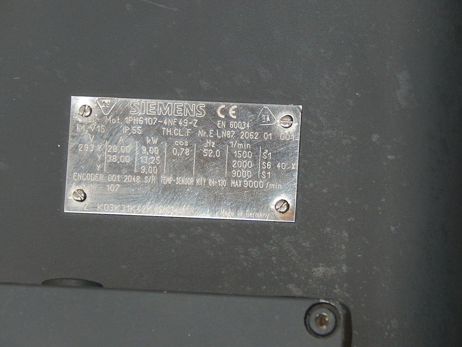 Siemens Spindelmotor 1PH6107-4NF49-Z 9kW Used