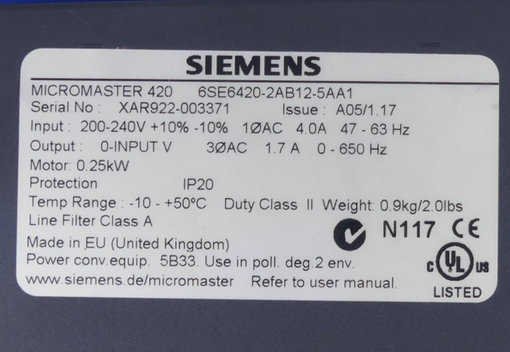 Siemens Micromaster 420 6SE6420-2AB12-5AA1