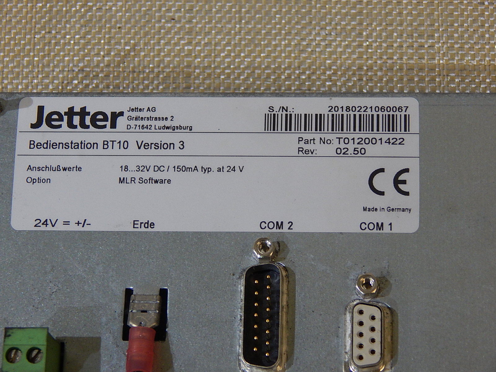 Jetter Bedienterminal BT 10 Version 3 Part No:T012001422 Used